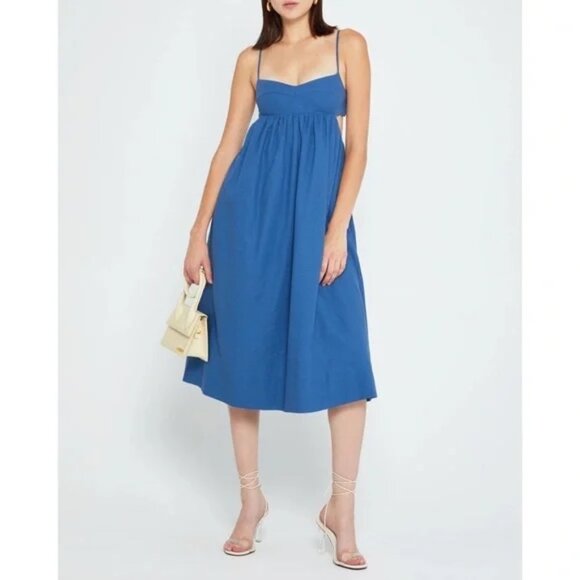 O.P.T. Havana Linen Blend Midi Dress M Blue Spaghetti Strap Cutout Back Boho - Picture 1 of 12